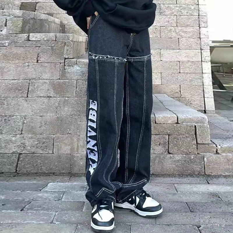 

Vibe Style Letter Embroidery Ripped Striped Mens Jeans Pants Oversized Washed Retro Straight Casual Denim Trousers