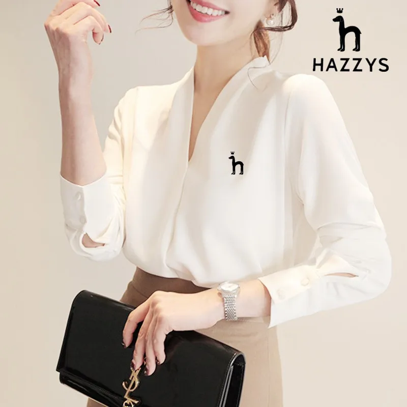 

White Chiffon Shirt Women's V-neck Han Fan HAZZYS Long Sleeve Loose Top White Shirt Korean Summer Professional 2023 New