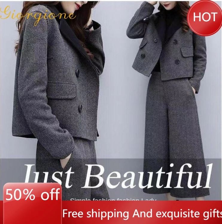 

Sets 2022 New Women's Clothing Autumn and Winter Two-Piece Suit Pants Herringbone Woolen Coat Wide Leg Pants Fashion Sets Women