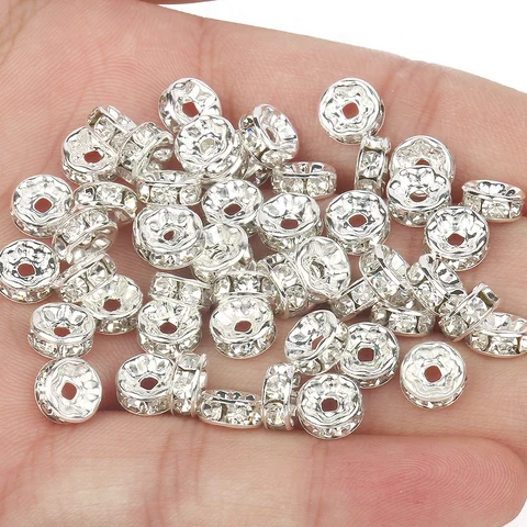 50pcs Rhinestone Spacer Beads Multi-color Crystal Metal Spacers Rondelle Beads for Jewelry Making DIY Bracelets Accessories