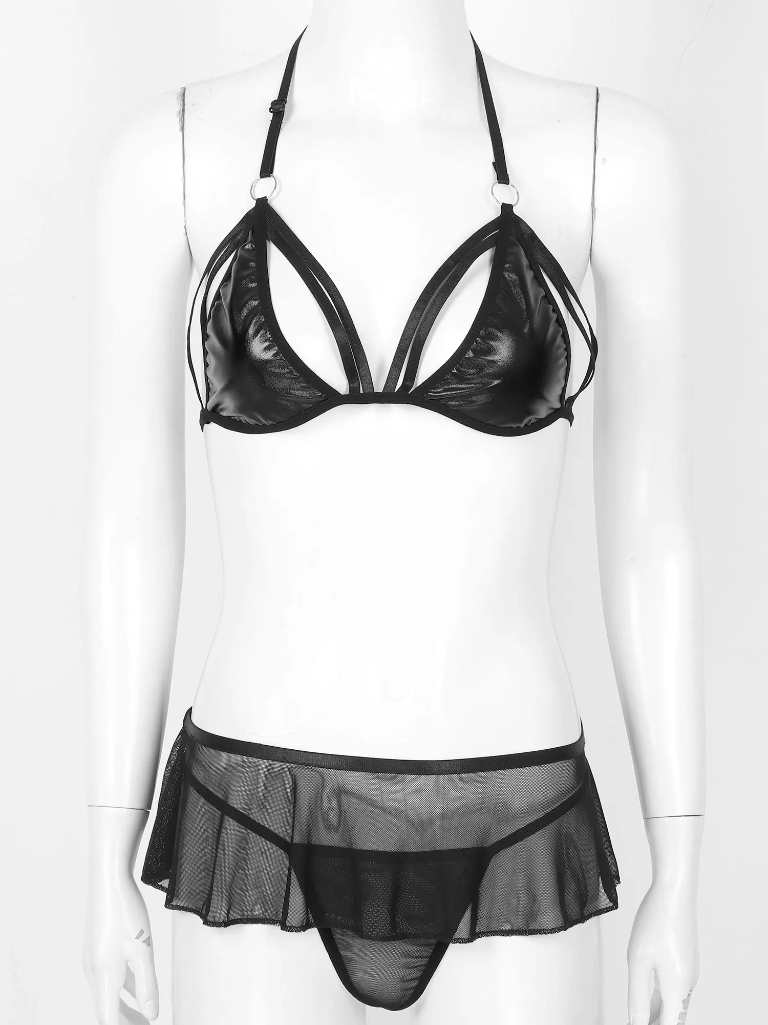 

Womens Sexy Lingerie Set Halter Bikini Bra Tops Low Rise G-string Sheer Mesh Mini Skirt Hollow Out Strappy Hot Sexy Clothing