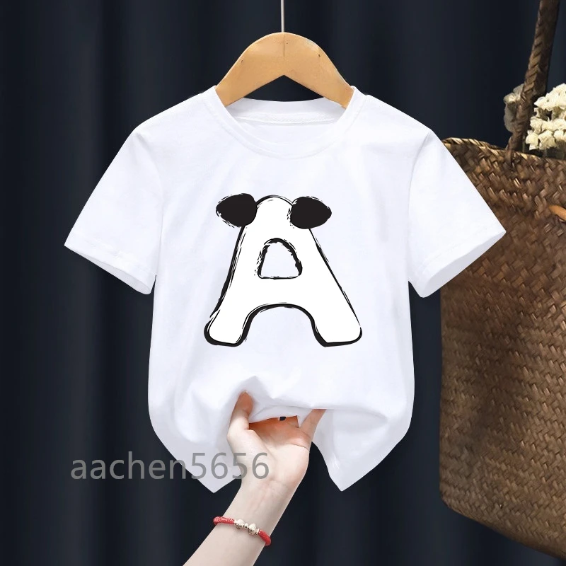 Boy Panda Funny Birthday T-Shirts Children Cartoon 26 Letters Name DIY Clothes Girl Kid's Summer Short Sleeve White T-shirt