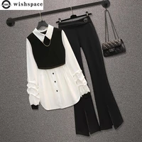 korean fashion elegant womens pants suit pleated chiffon shirt black wide legged pants two piece set comfortable tracksuit