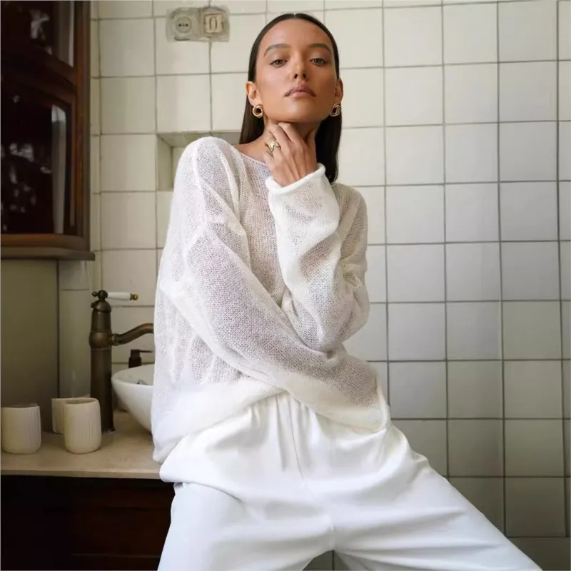 Женский вязаный пуловер с круглым вырезом и рукавом-колокольчиком