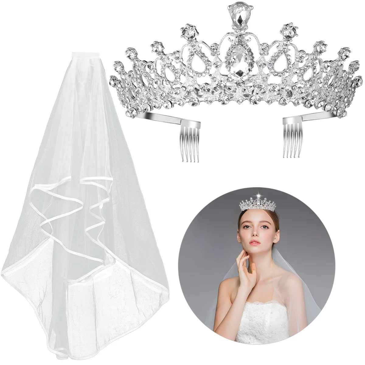 

2 PCS Bride Headpieces Wedding Ivory Girl Dresses Veil Tiara Veils European American
