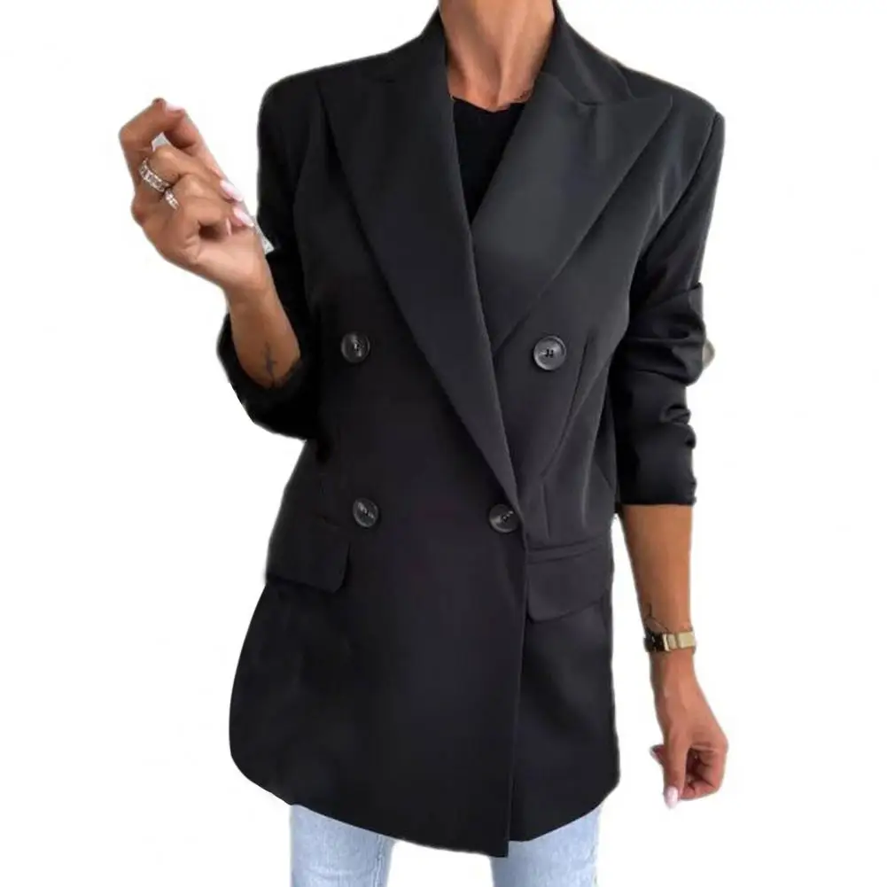 

Women Suit CoatLapel Plaid Print Solid Color Flap Pockets Winter Blazer Double Breasted Female Office Mid-Length Coat Outerwear