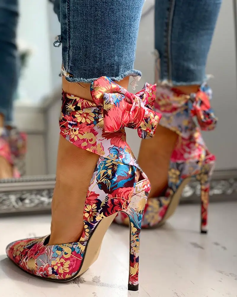 Women Fashion Sandals Pumps Point Toe Party Shoes Sexy Casual Floral Print Tied Ankle Thin Heels