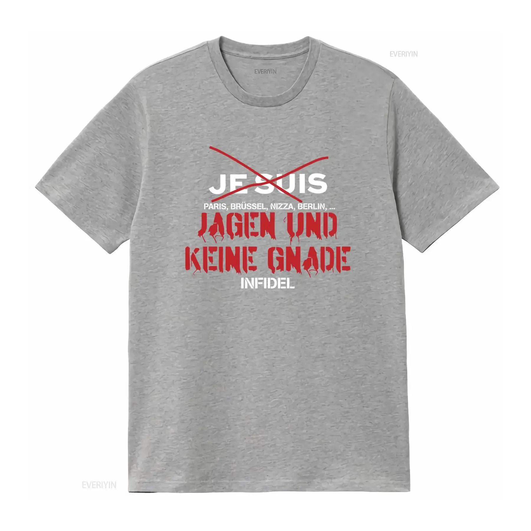 Фото Футболка Hunting and No Mercy Infidel Je Suis Against Terrorists 19964 Paris Brüssel Nizza Berlin Design, винтажный дизайн, унисекс, с эффектом потертости №3