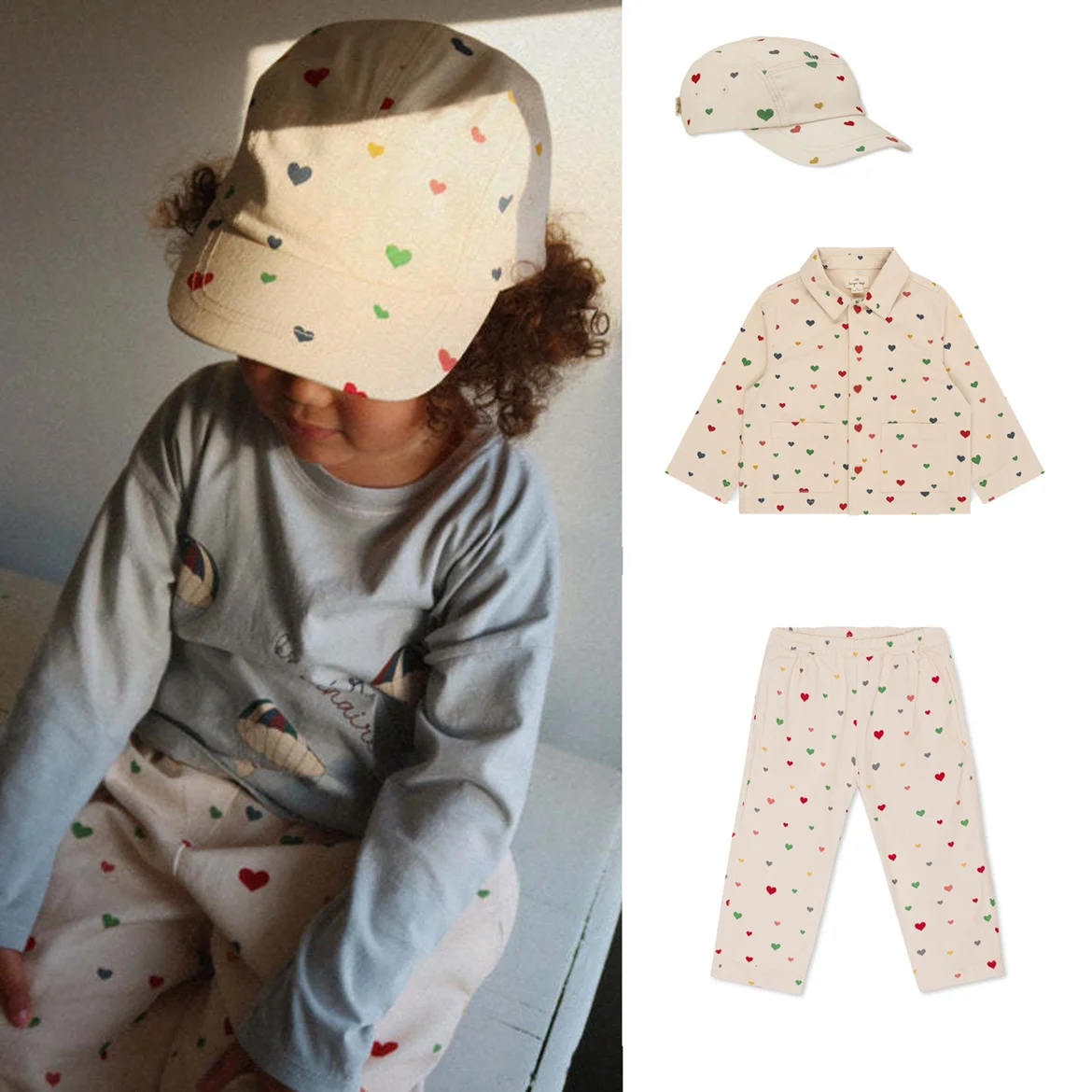 

Jenny&Dave 2023 spring cotton series full-printed love retro lovely cardigan jacket casual pants suit for children