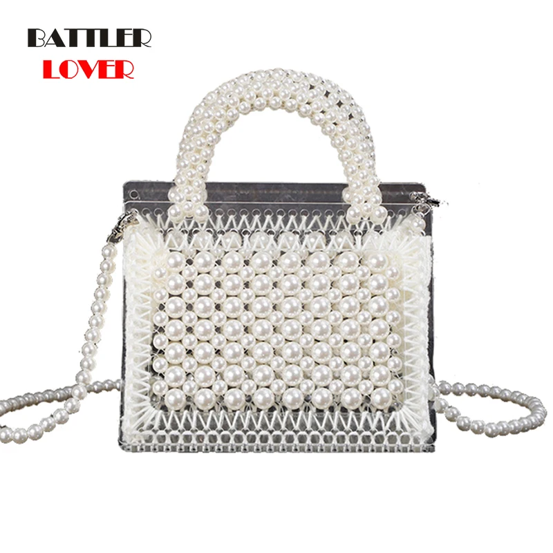 

Rainbow Handmade Beading Woven Pearl Transparent Acrylic Handbag For Women Shoulder Diagonal Bag Female Evening Clutch Flaps Bag