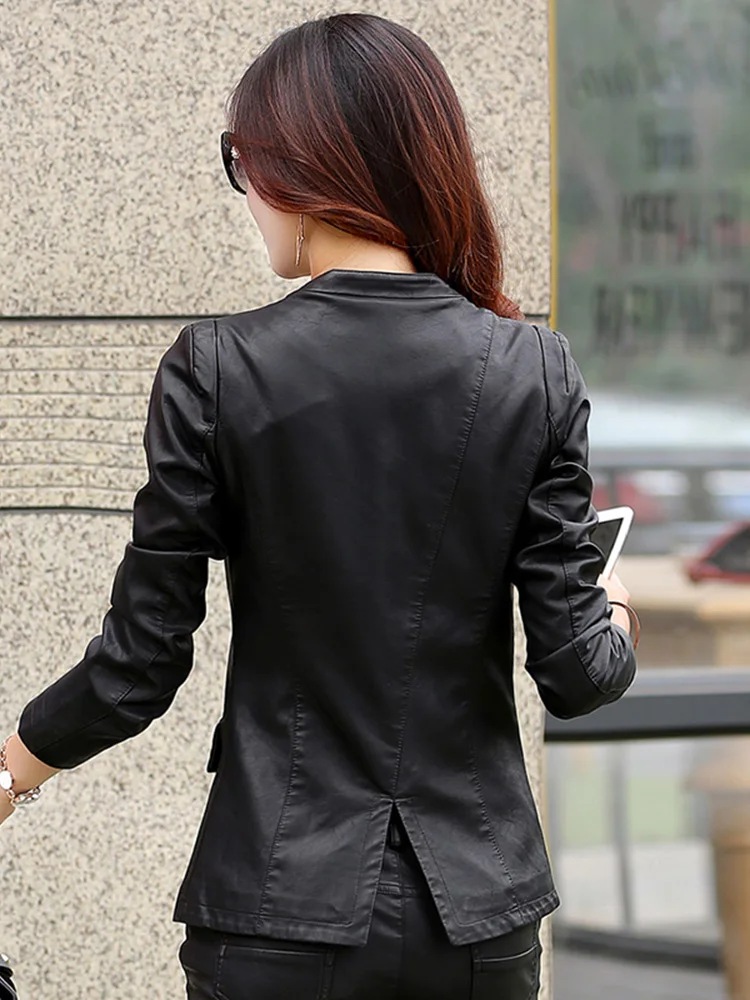New Women Leather Jacket Spring Autumn Fashion Trend Splice V-Neck Slim Waist Cool Style Sheepskin Short Coat Split Leather