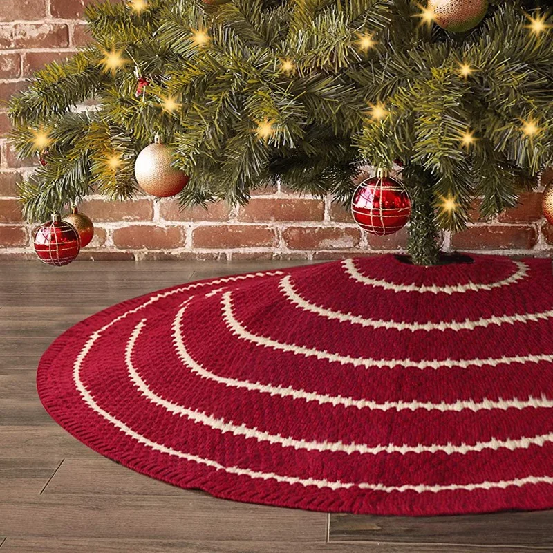 

Christmas Tree Skirt, 48 Inches Knitted Rustic Stripe Thick Heavy Yarn Knit Xmas Holiday Decoration,Red