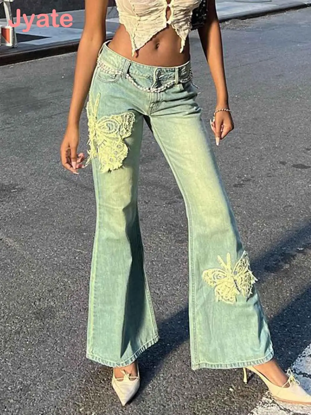 

Jyate Butterfly Patchwork Denim Pants Women Vintage Y2k Fairycore Low Rise Flare Jeans Ladies Casual Aesthetic Slim Trousers