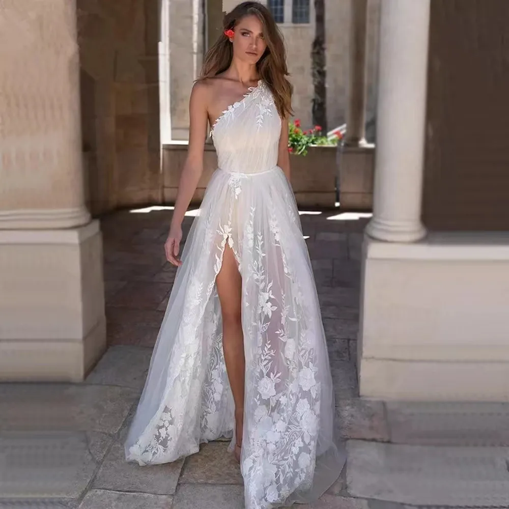 

Beach One Shoulder Appliques Wedding Dress Boat Neck Sleeveless Sexy Backless Tulle High Slit Bridal Gown Vestido de casamento