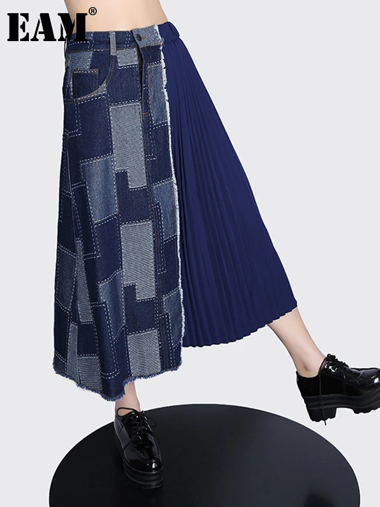 

[EAM] High Elastic Waist Blue Plaid Denim Burr Pleated Casual Half-body Skirt Women Fashion Tide New Spring Autumn 2022 1DE6691