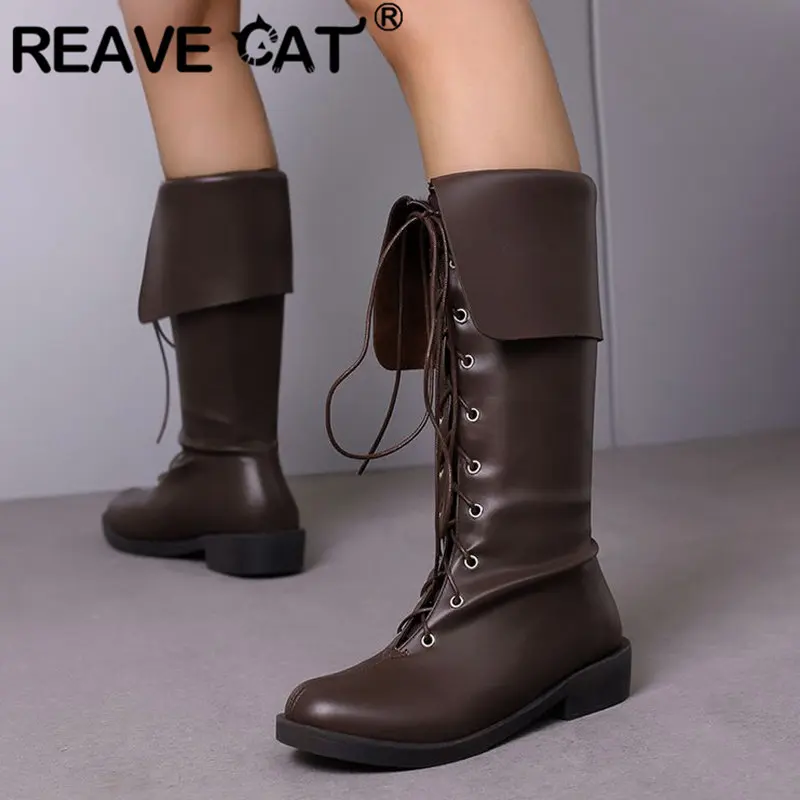 

REAVE CAT Design Women Mid Calf Boots Round Toe Low Heels 3cm Lace Up Plus Size 45 46 47 48 Leisure Daily Winter Ladies Booties