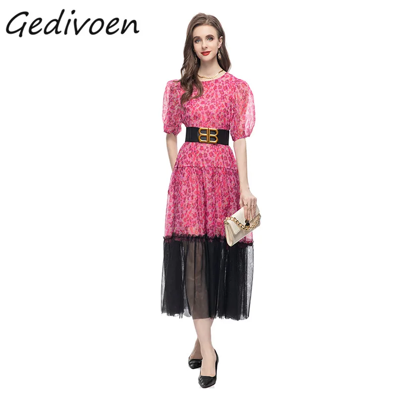 

Gedivoen Summer Fashion Runway Bohemian Print Long Dress Women's O-Neck Sashes Gathered Waist Holiday Party Mesh Splicing Dress