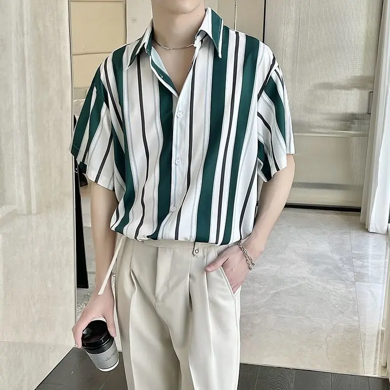

Fashionable Casual Korean Loose Striped Button Short Sleeve Man Turn-down Collar Handsome Spring Summer Thin Men's Clothing 2023