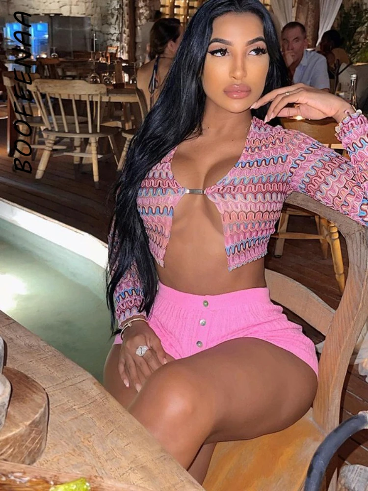 

BOOFEENAA милый сексуальный розовый укороченный топ с принтом Y2k уличная одежда для женщин осень 2022 футболки на одной пуговице с глубоким V-образ...