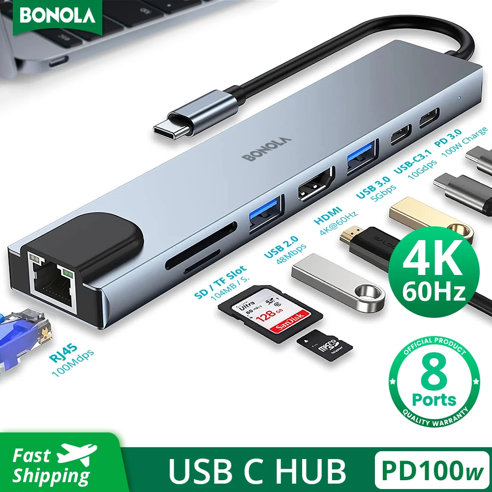 USB-концентратор Bonola 4K 30 Гц Type C на HDMI 2,0 RJ45 PD 100 Вт, адаптер для Macbook Air/Pro/iPad Pro, аксессуары для ноутбуков, концентратор USB 3,0