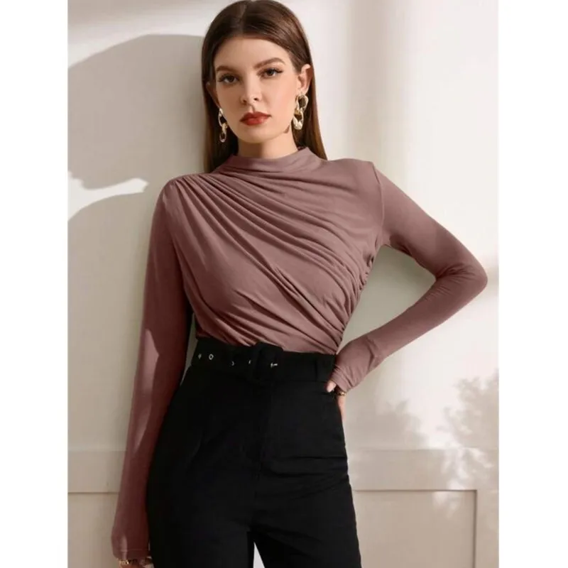 Однотонная осенняя женская футболка с длинным рукавом 2024 повседневная модная