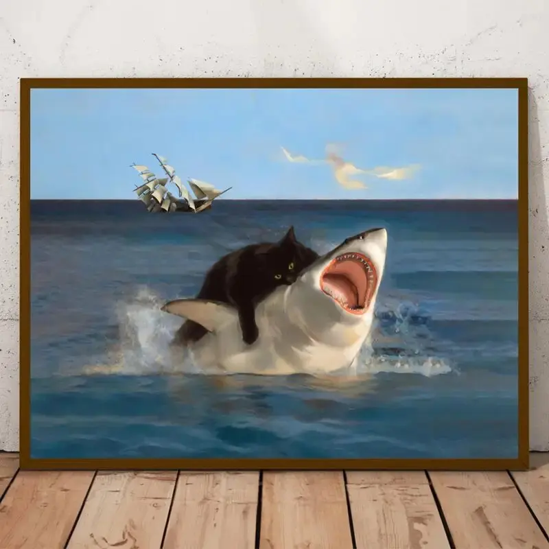 

Картина на холсте с принтом Fat Cat and Shark — настенное украшение для дома, подходит для дома и офиса — идеальный подарок и украшение