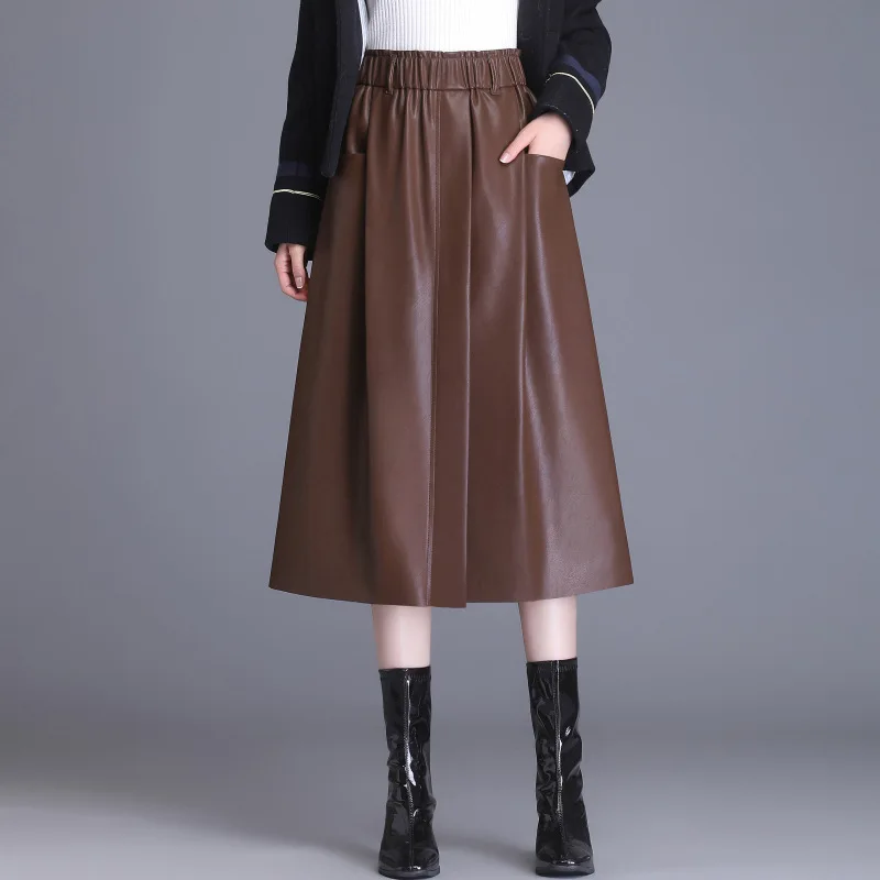 

Женская юбка трапециевидной формы из натуральной кожи с эластичным карманом на высокой талии, корейская мода, свободные длинные юбки до середины икры для женщин