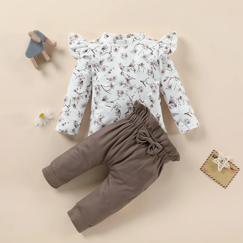 

Kids Toddler Clothes Set Newborn Baby Girls Floral Print Flying Sleeve Tops and Solid Color Long Pants Trousers