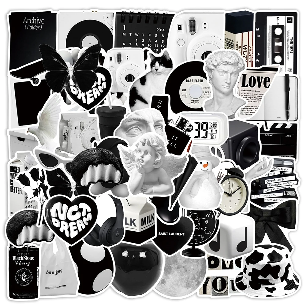 Стильные Простые черные и белые наклейки INS, 10/30/50 шт., милые наклейки,  украшения «сделай сам», наклейки на стену телефона, ноутбука, холодильника  | AliExpress