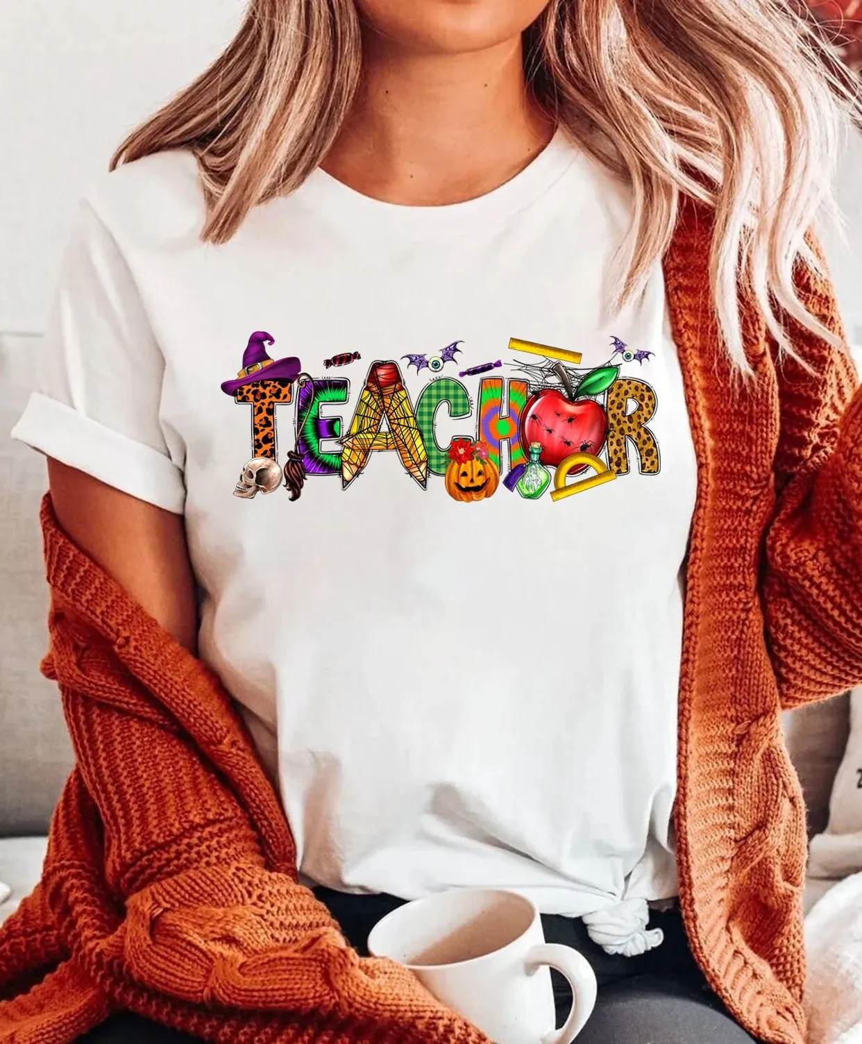 Футболка учителя на Хэллоуин осенняя тыква милая я учи самая в нашивке
