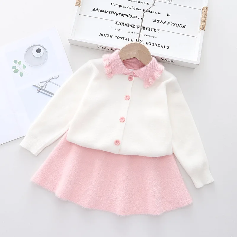 

2022 модные милые свитера для девочек на весну и осень, вязаный костюм, кардиган, вязаные топы, свитер для девочек + юбка, женская одежда