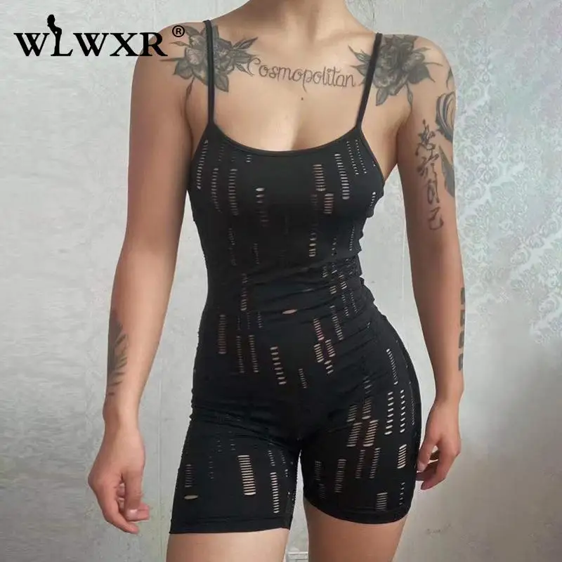 

WLWXR Spring Fall Cami Black Rompers For Women 2022 Hollow Out Casual White Bodysuit Ladies Sleeveless Backless Bodycon Jumpsuit