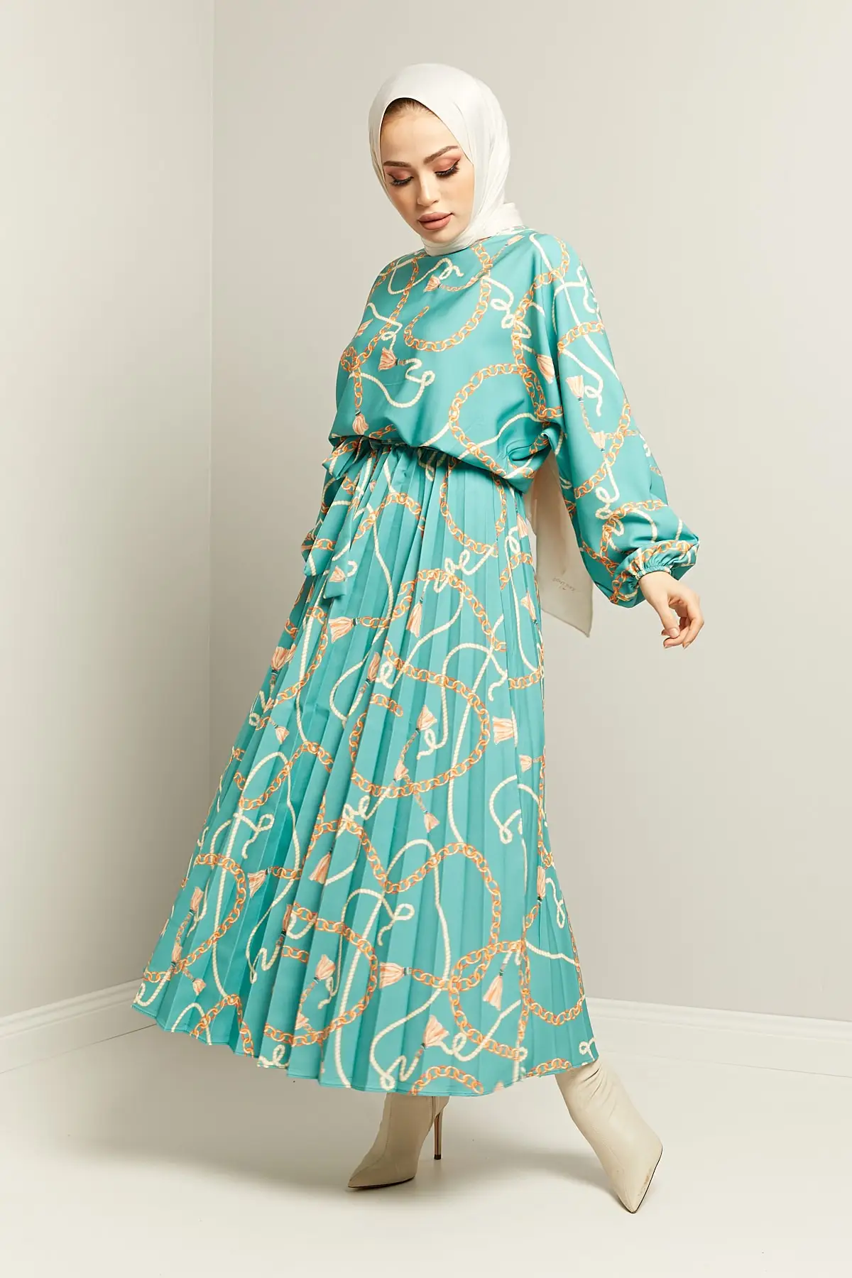 Chain Pattern Elastic Waist Dress Black Standard Size 36-44 Compatible Maxi Hijab Dubai Robe Longue Femme Islam Caftan Fashion