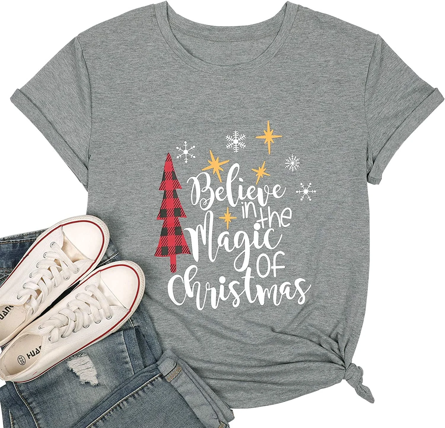 

Believe Christmas T Shirt Women Merry Christmas Tree Tops Tees Gifts Short Sleeve Shirt DW406