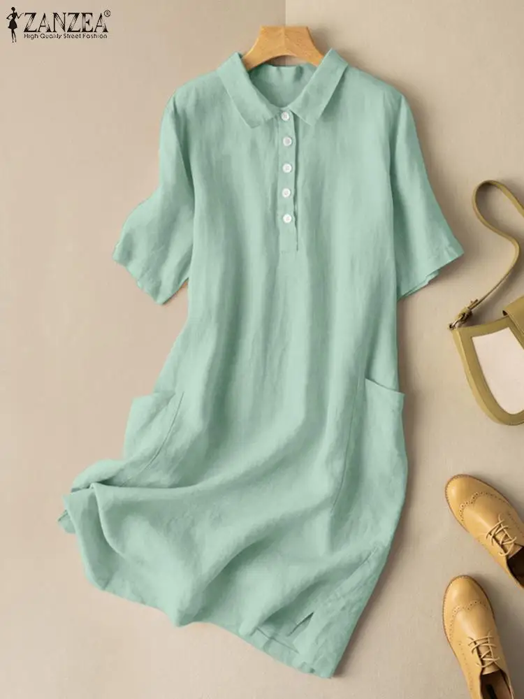 Платье-рубашка ZANZEA женское средней длины элегантный винтажный Однотонный