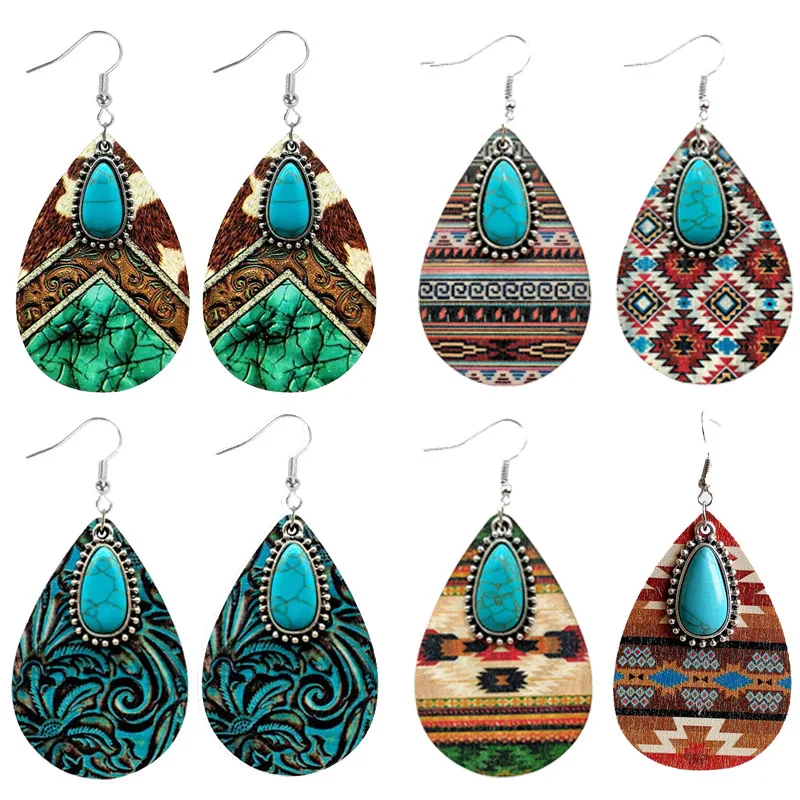 

Fashion Blue Ocean Turquoise Pendant Earrings Women's Trend Earrings 2023 Vintage Stripe Imitation Crack Wood Earrings Wholesale