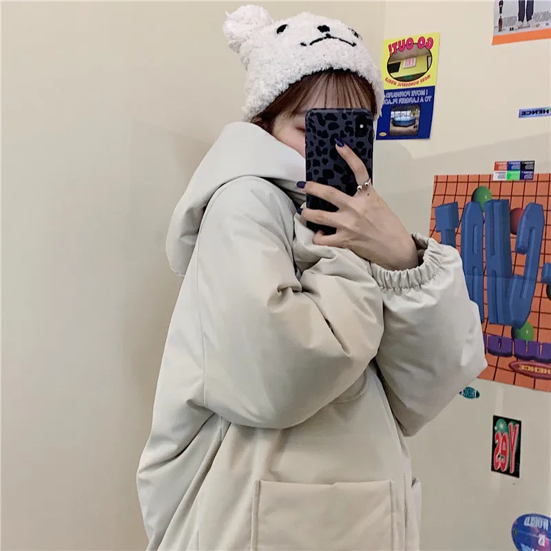 Women Thick Quilted Jackets Winter Warm Hooded Loose Cotton Coats Autumn Female Solid Color Casual Outwear Overcoat with Pockets