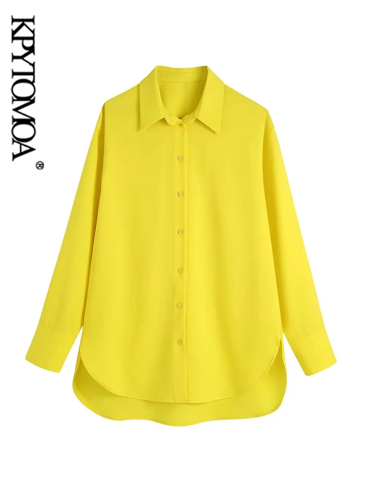 

KPYTOMOA Women Fashion With Side Vents Oversized Linen Shirts Vintage Long Sleeve Button-up Female Blouses Blusas Chic Tops