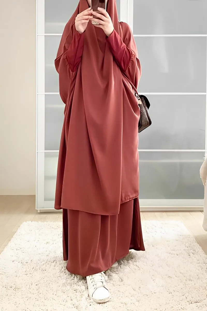 Eid Prayer Garment Jilbab Abayas for Women 2 Piece Set Hooded Sexy Muslim Maxi Dresses Turkish Islamic Robe Pour Femme Musulmane
