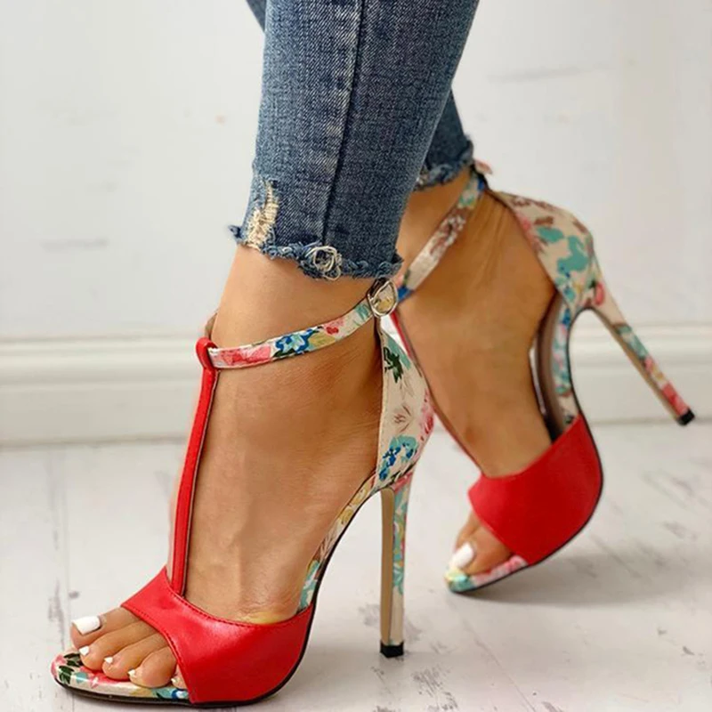 

sexy women t-strap floral print sandals 2022 summer fashion super high heels open toe gladiator shoes woman party pumps