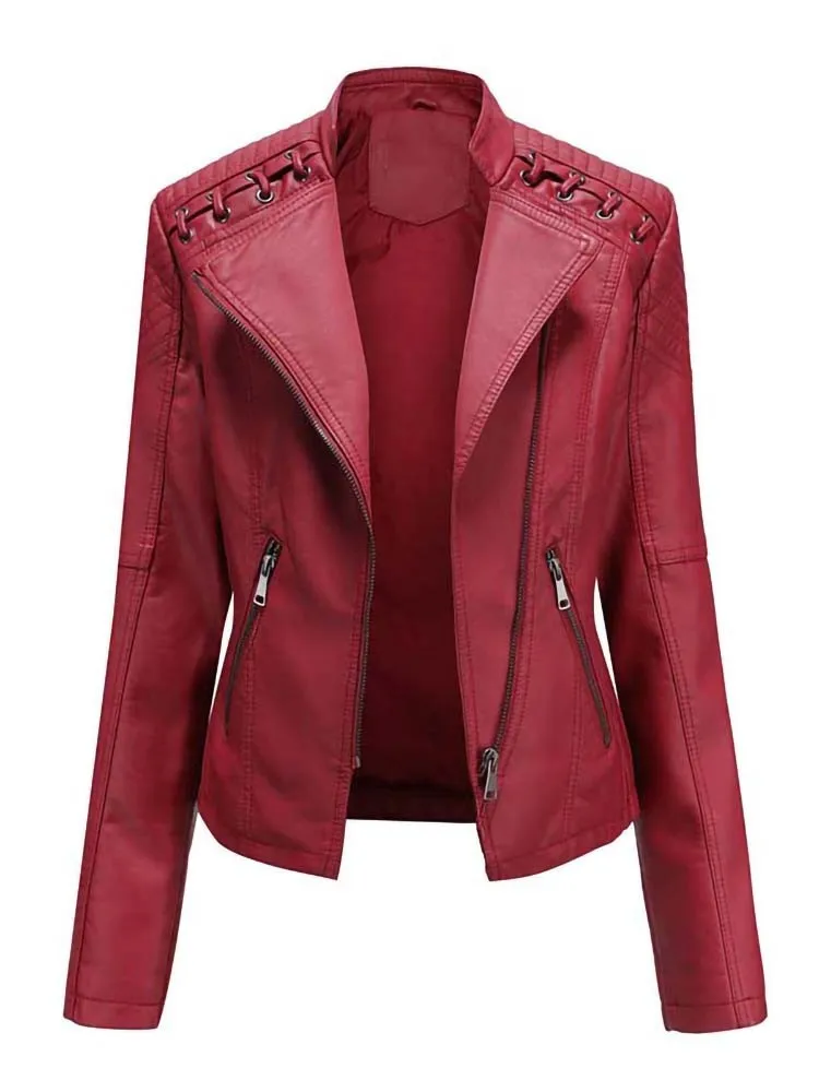 Autumn Winter Solid Color Pu Faux Leather Jacket Women Long Sleeve Zipper Slim Biker Leather Coat Top Ladies Outerwear