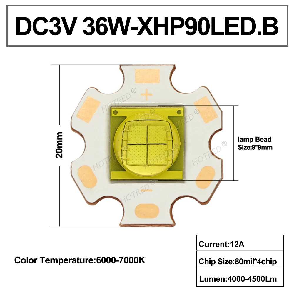 

HotRed 9090 XHP90 LED 3v 6v 9v холодный белый светодиод