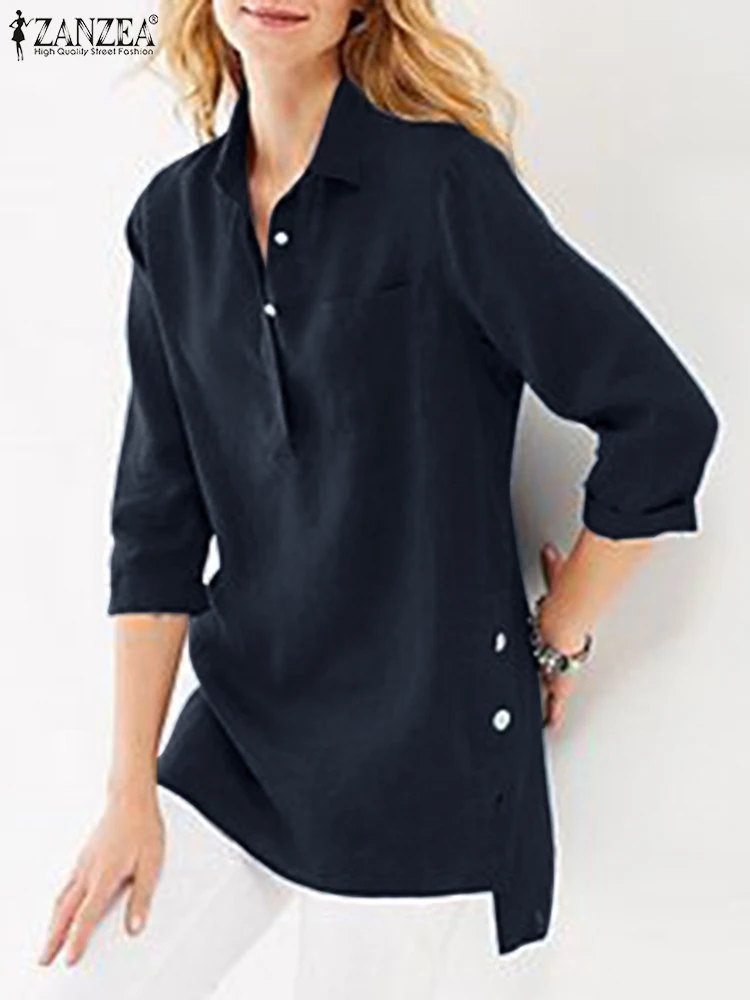 

Fashion Women OL Work Blouse ZANZEA Elegant Autumn Lapel Neck 3/4 Sleeve Shirt Female Solid Tunic Tops Casual Buttons Blusas