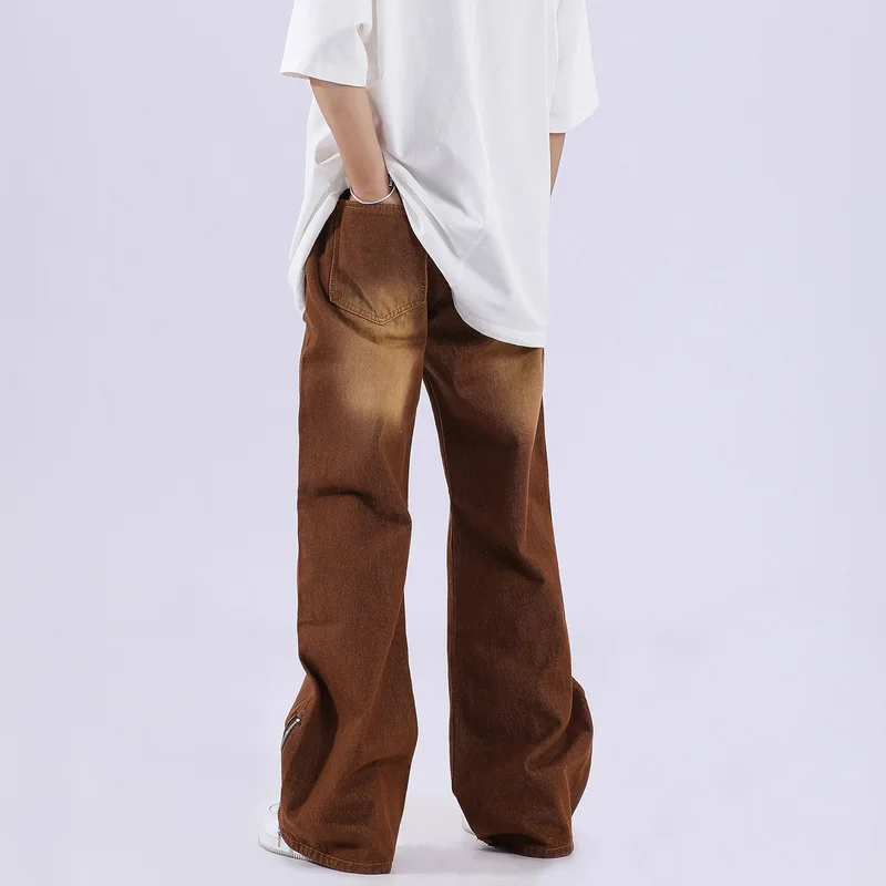 Four Seasons Men's Jeans American High Street Retro Old Washed Gradient Brown Jeans Men Loose Zipper Wide Leg Pants INS Hot Sale
