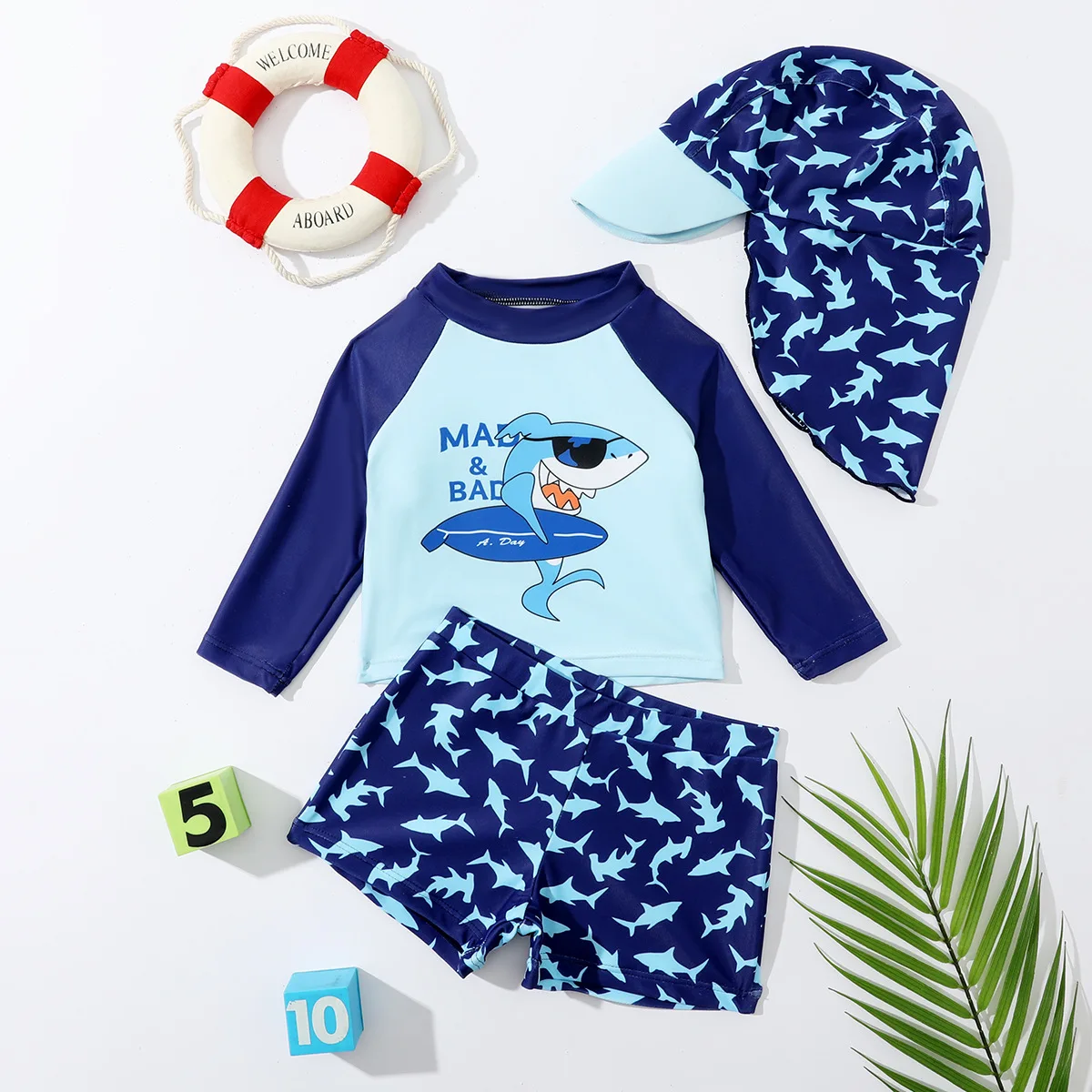 

New Boy Split Swimsuit Long-sleeved Sunscreen Shark Pattern For Baby Boy Swimwear Comfortable High-elastic Swimming Cap 3PCS