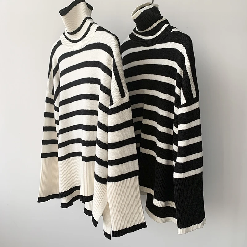 

Women Stripes Turtleneck Long Sleeve Sweater Hem Slit Loose Autumn Pullover