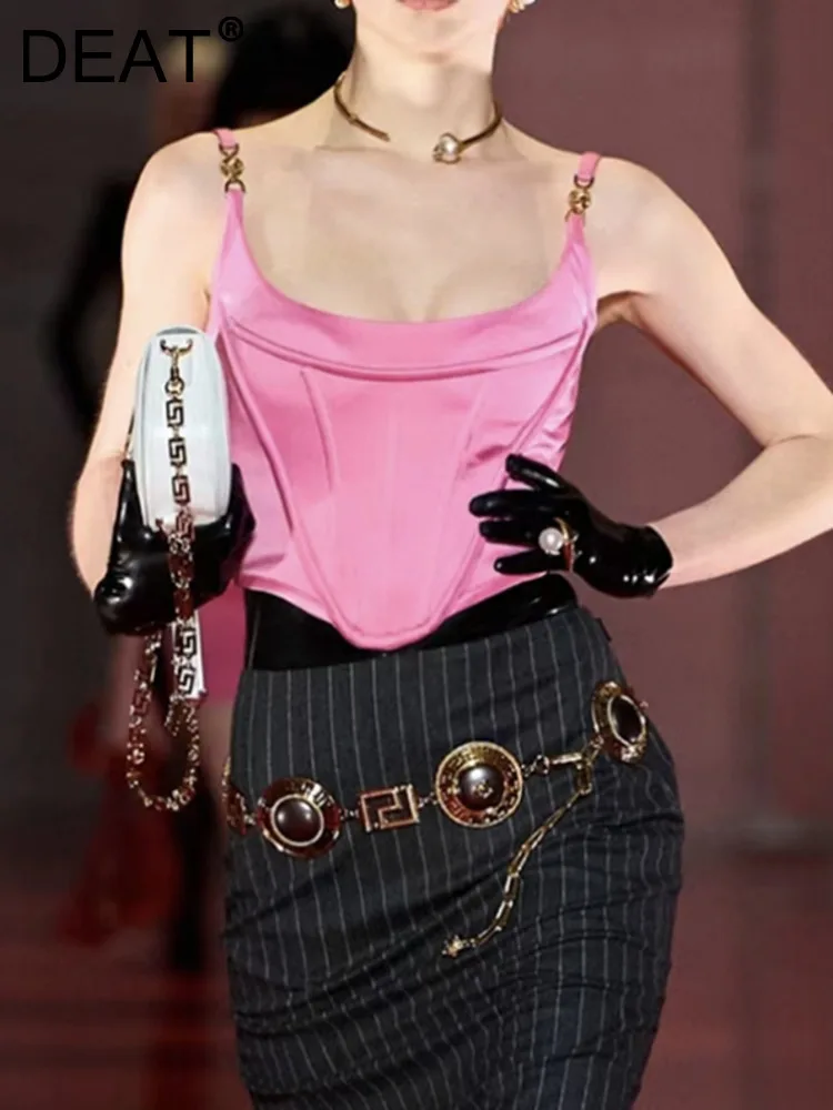 

Женский короткий топ на бретельках DEAT, Модный облегающий регулируемый Топ розового цвета с бретельками-рыбками, летний сезон 2023