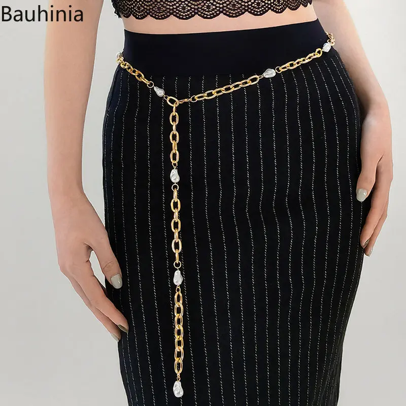 Bauhinia Pearl Beads Metal Thin Waist Belts For Women  Luxury Design Brand Harajuku Slim Chain Belt