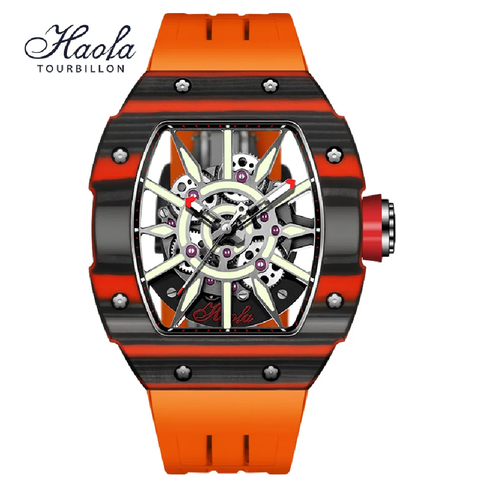 

Haofa Automatic Skeleton Mechanical Watch For Men Super Luminous Sapphire Self-wind Movement Mens Watch Carbon Fiber Bezel 1905