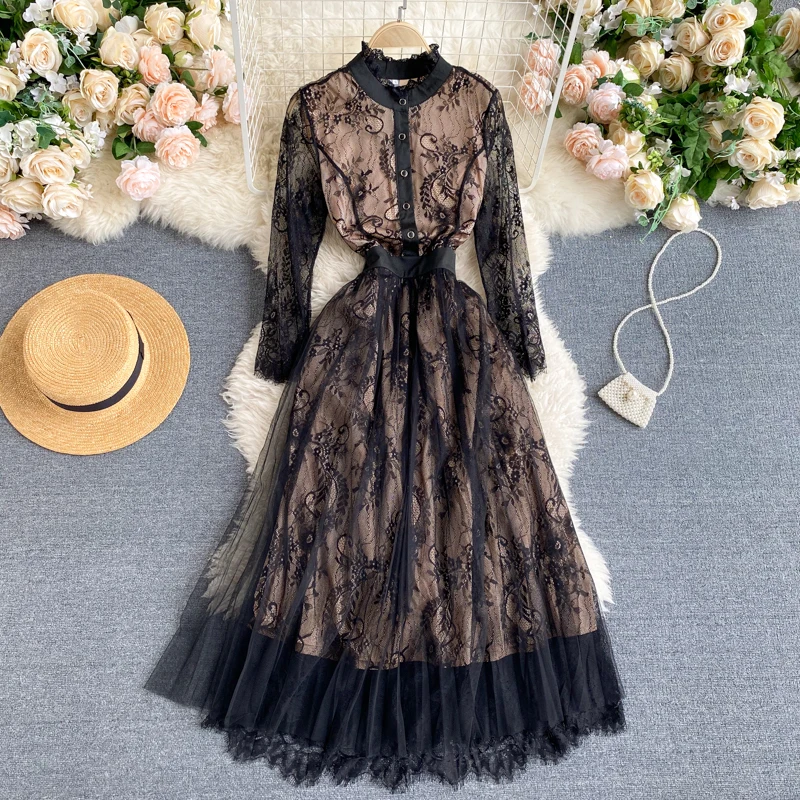 

New Spring Autumn Vintage Lace Hollow Out Dress A Line O Neck Floral Print High Waist Mid Calf Women Dresses